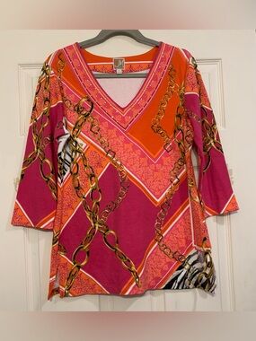 JM Collection Pink & Orange Chain & Zebra Print Elegant Medium Blouse.      3132